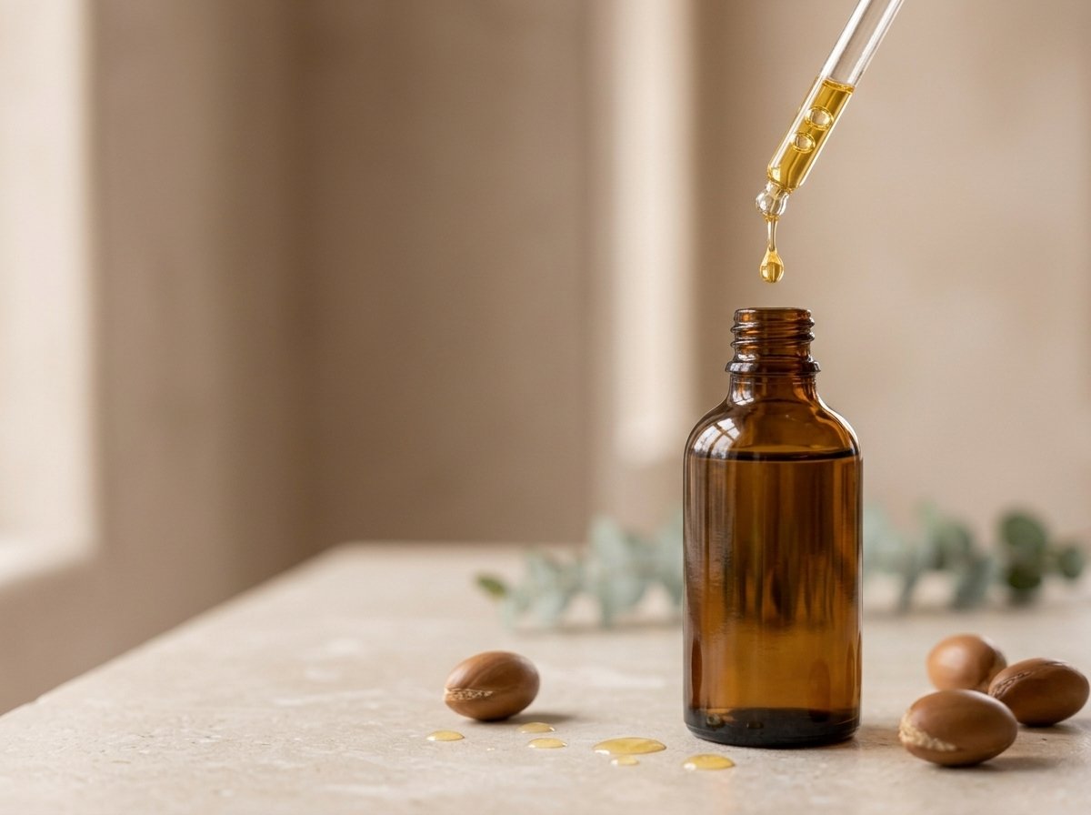 Gotero de aceite de argán dorado cayendo sobre botella ámbar con nueces de argán