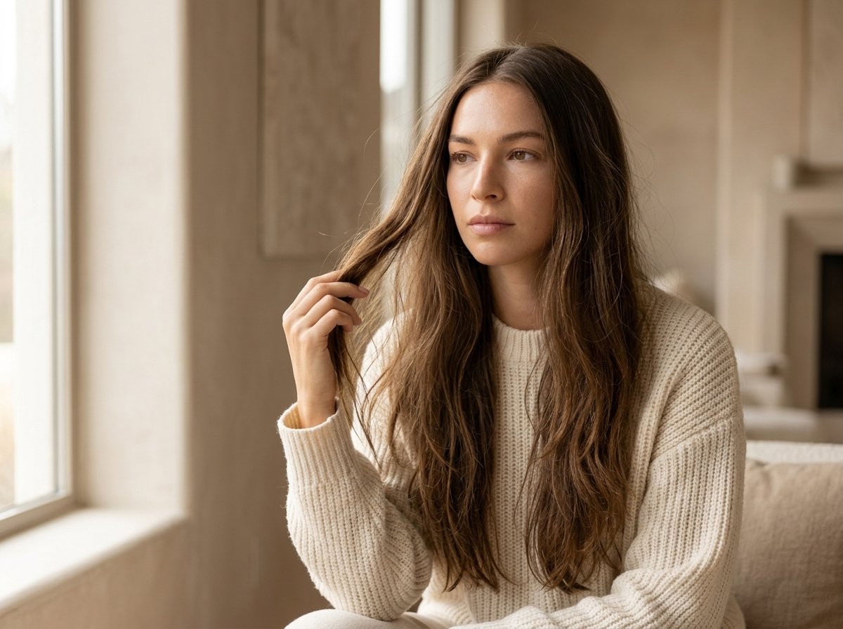 Mujer tocándose el cabello dañado por el invierno cerca de una ventana con luz natural
