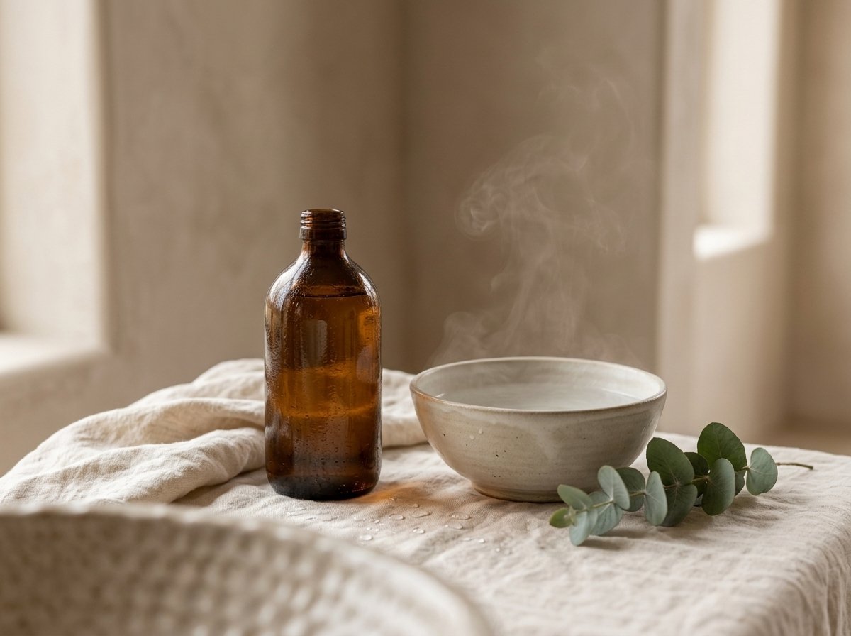 Botella ámbar de champú con cuenco de vapor y eucalipto para lavado suave del cabello