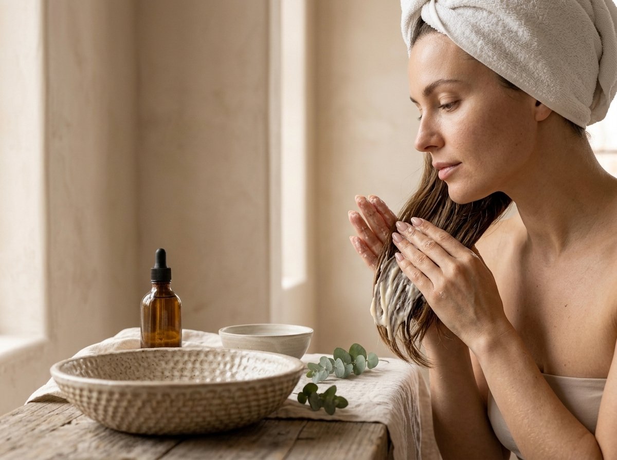 Mujer aplicando mascarilla hidratante a las puntas del cabello con turbante de toalla