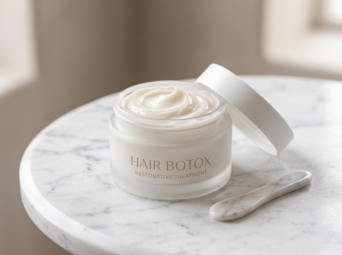 Producto botox capilar efecto liso sobre superficie blanca